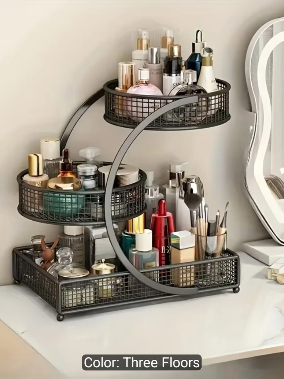 Three-Tier Black Metal Cosmetic Organizer - Home Storage